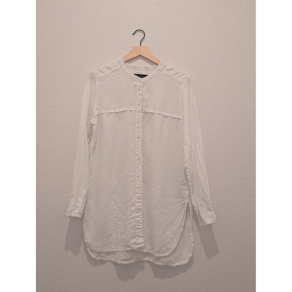 M&S Collection White Linen Band Collar Longline Tunic Button Down Shirt
